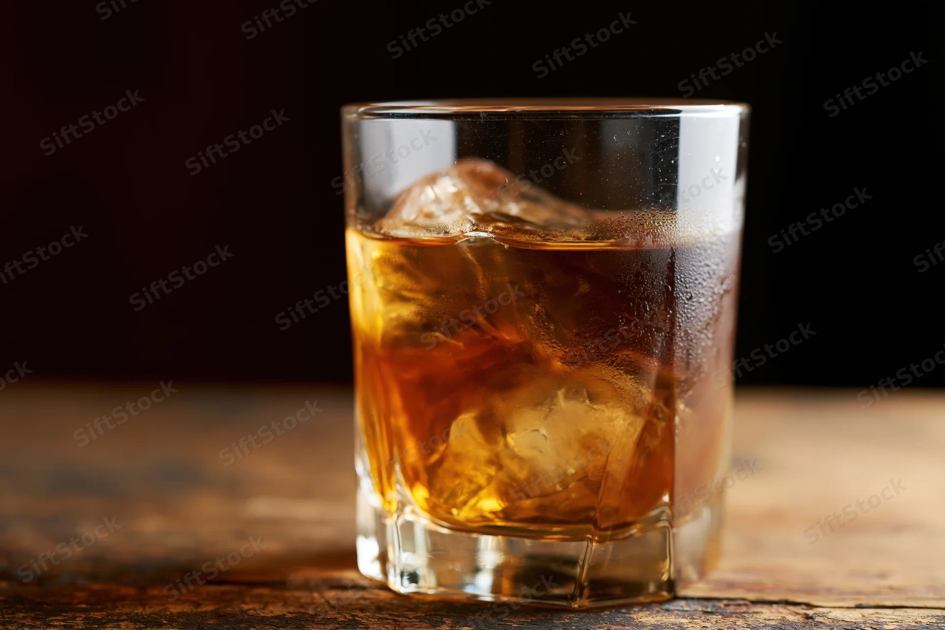 Amber whiskey with large ice cubes in a rocks glass on a wooden table