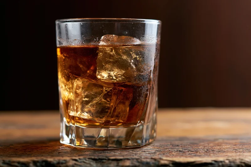 Amber whiskey with large ice cubes in a faceted rocks glass on a rustic wooden table
