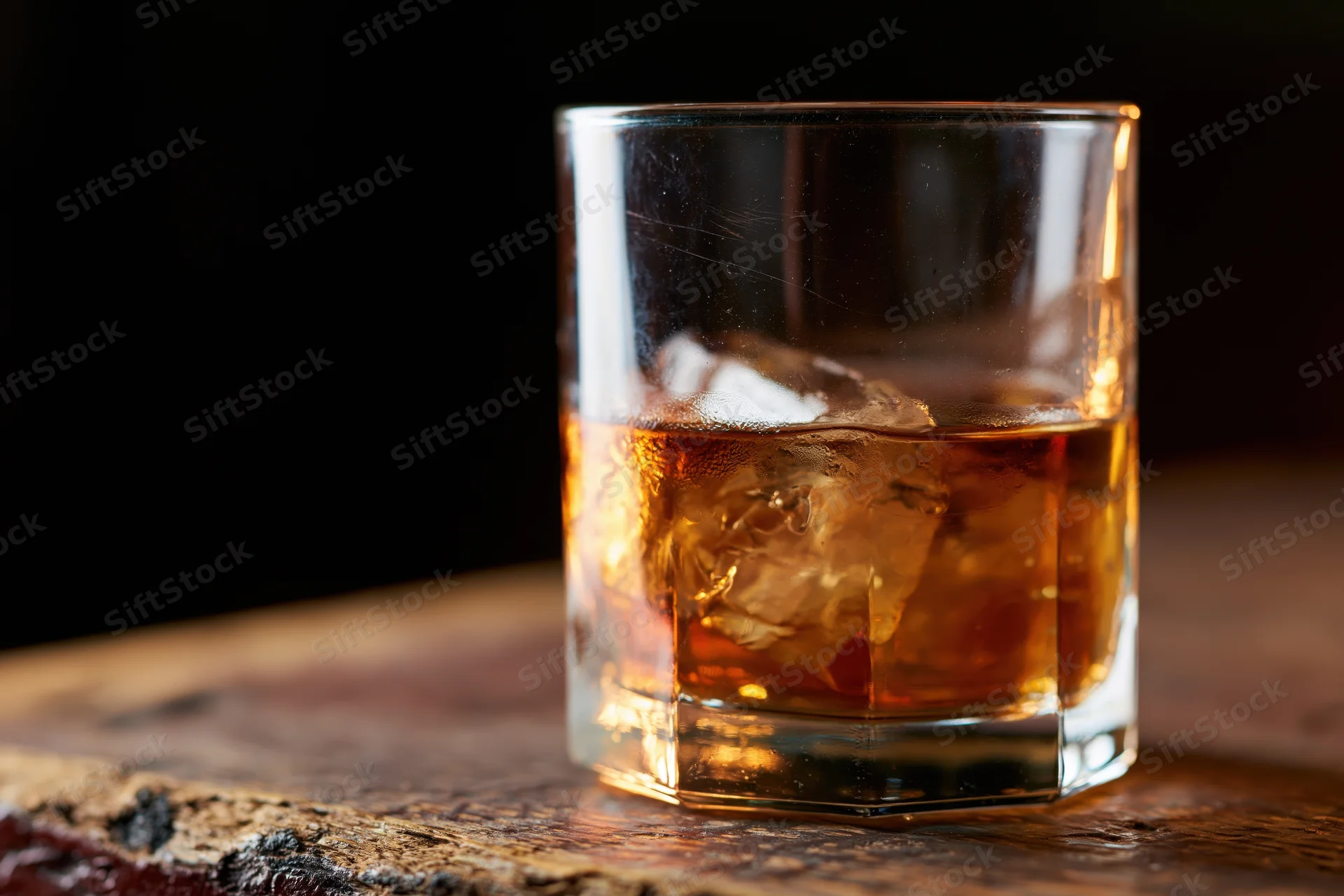 Amber whiskey with ice in a rocks glass on a wooden table