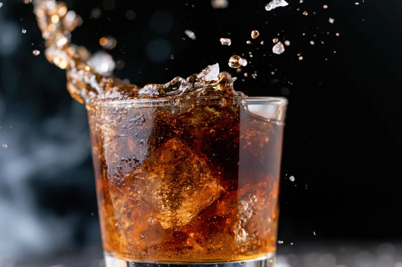 Dark amber whiskey splashing in a rocks glass with ice cubes against a black background