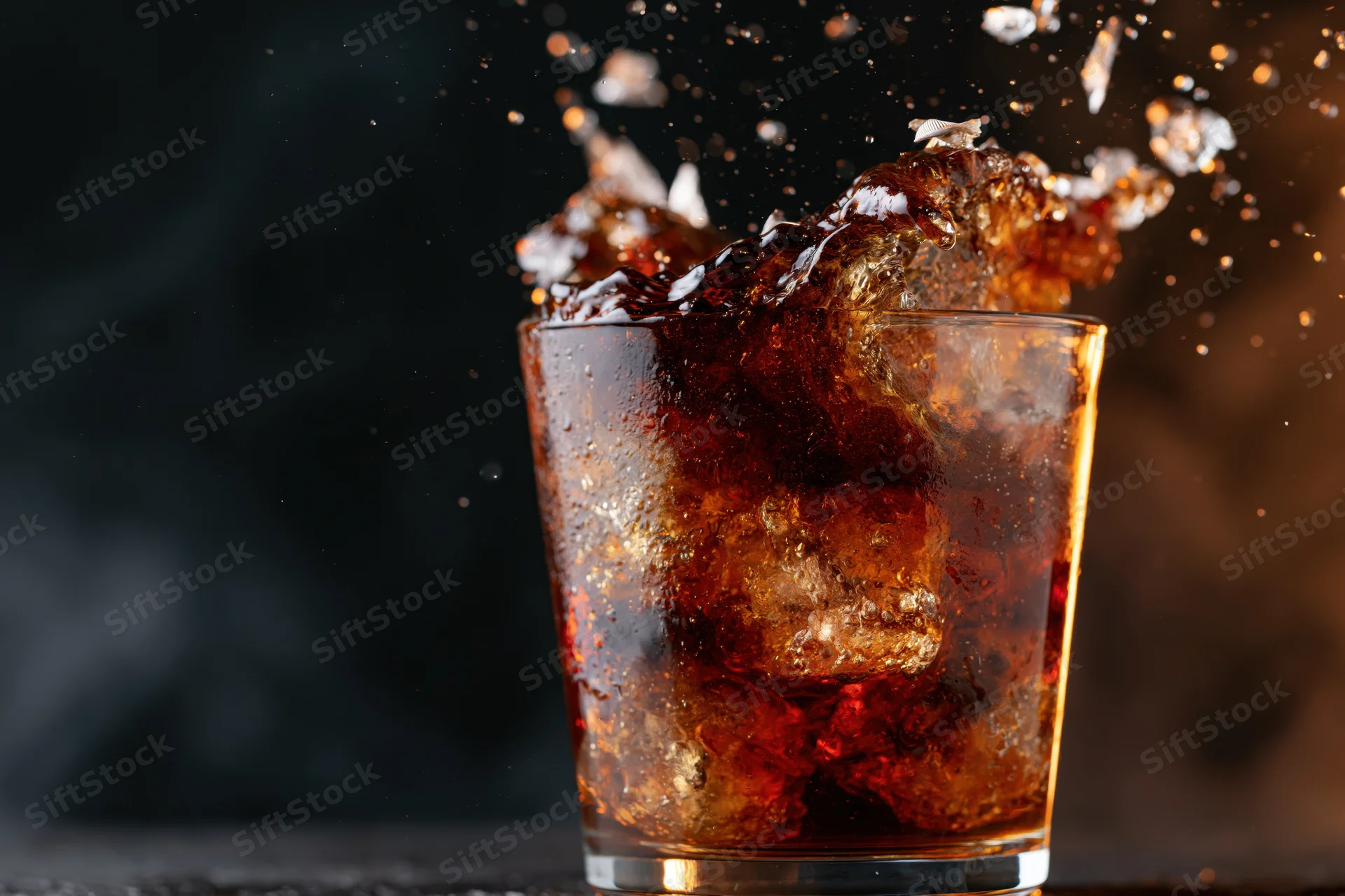 Dark amber whiskey splashing in a rocks glass with ice cubes on a black surface