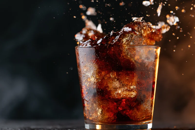 Dark amber whiskey splashing in a rocks glass with ice cubes on a black surface