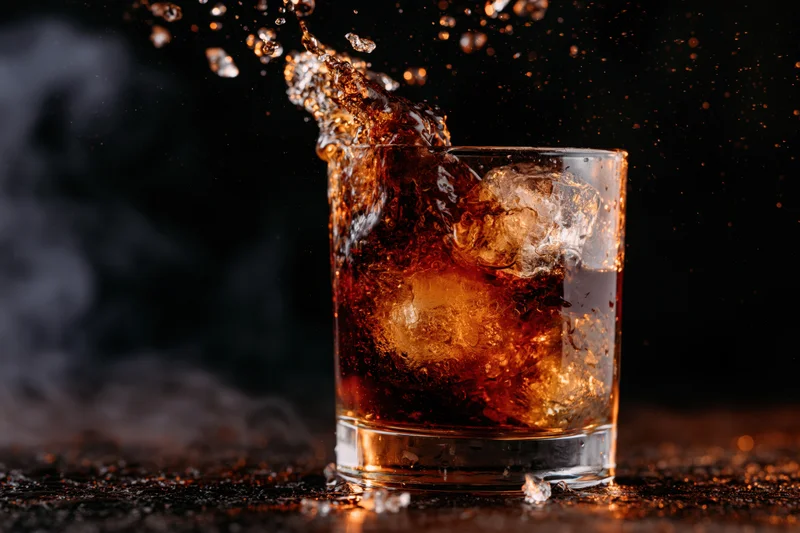 Dark amber whiskey splashing in a rocks glass with ice on a dark surface