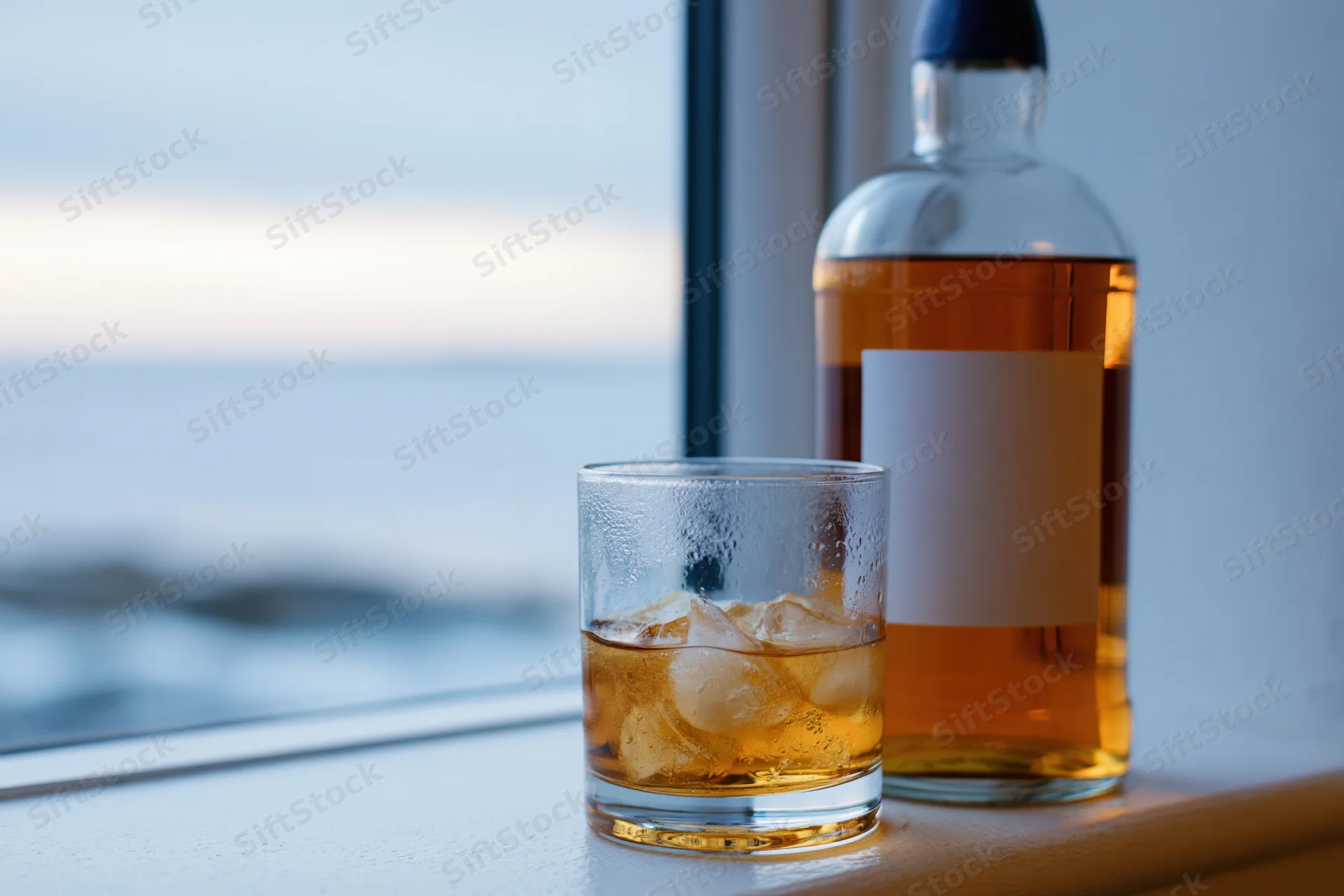 Whiskey in a rocks glass with ice beside a bottle on a windowsill overlooking the ocean at sunset