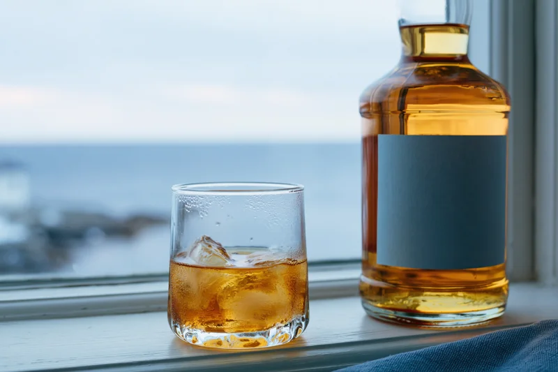 Whiskey in a rocks glass with ice beside a bottle on a windowsill overlooking the ocean