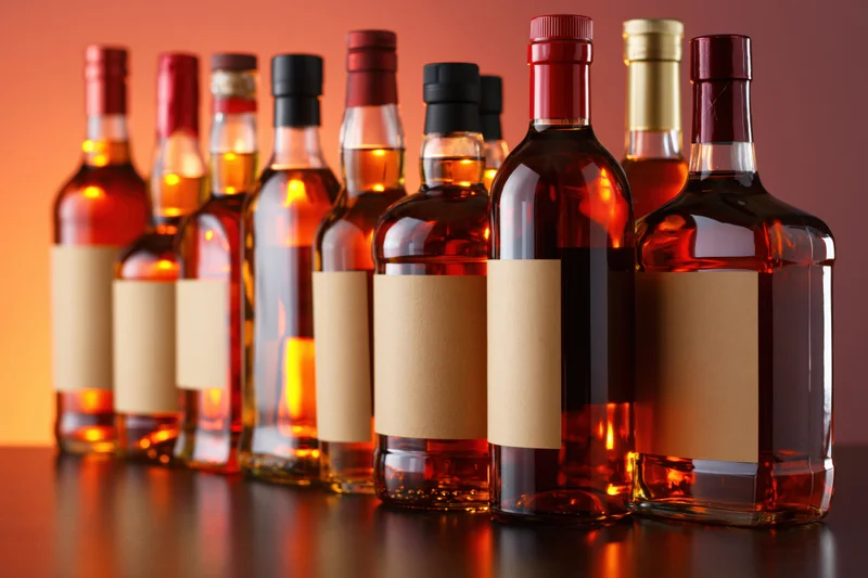 Row of whiskey and bourbon bottles with blank labels on a dark table under warm lighting