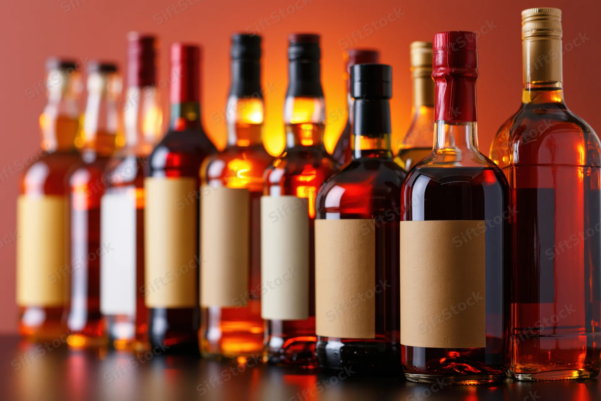 Row of whiskey and bourbon bottles with blank labels arranged on a dark surface under warm lighting