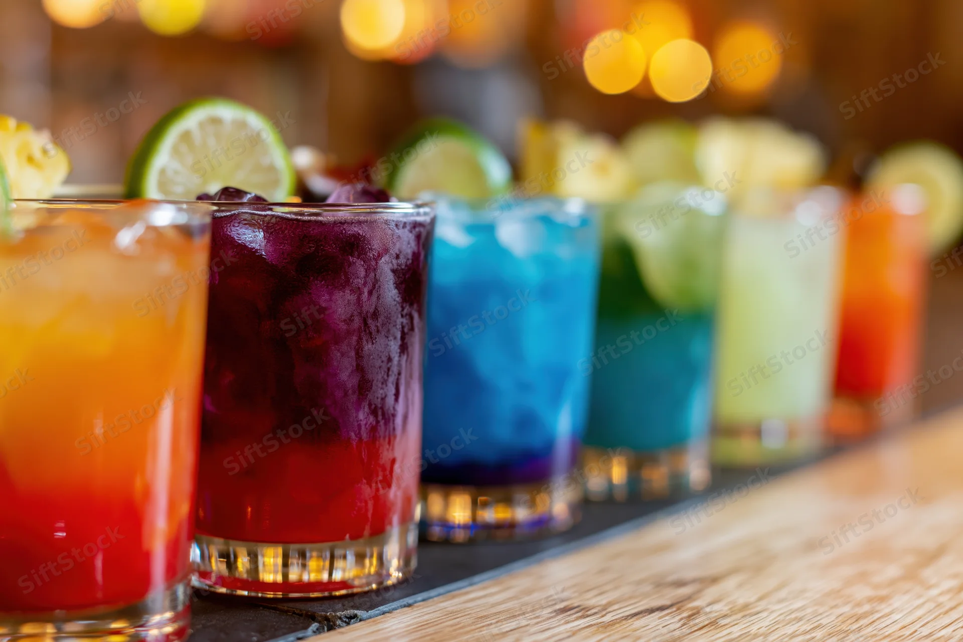 Row of colorful cocktails with lime garnishes on a bar counter