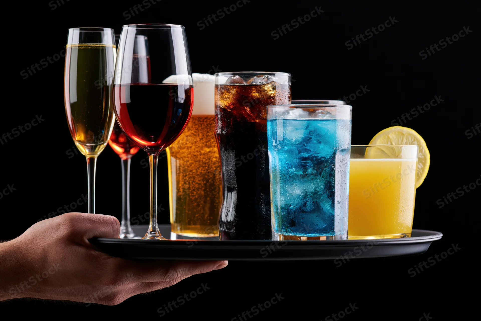 Hand holding a black tray with assorted drinks including wine, champagne, soda, and juice against a black background