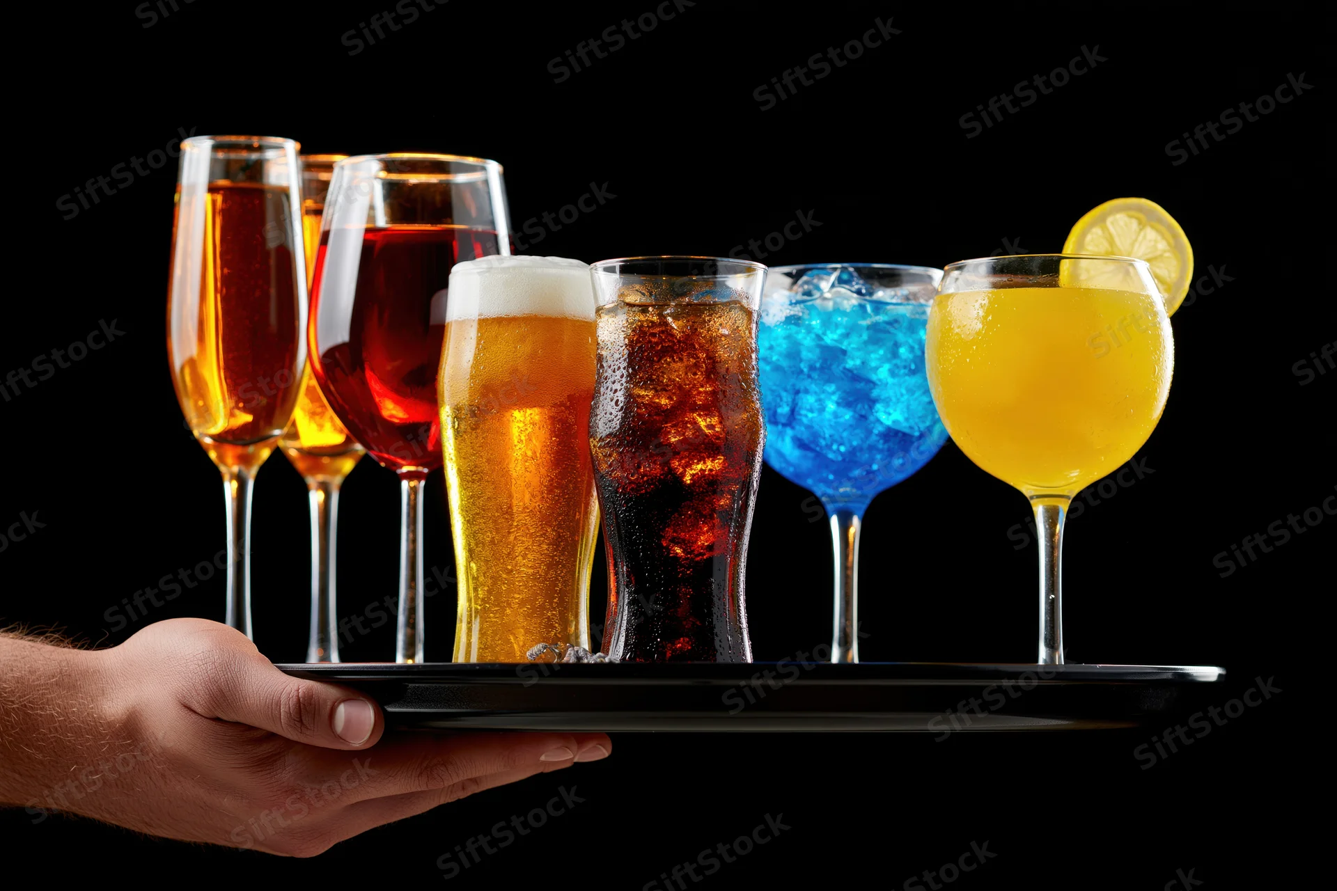 A server's hand holding a tray with assorted drinks at shoulder height