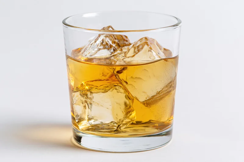 Amber whiskey with ice cubes in a short glass on white surface