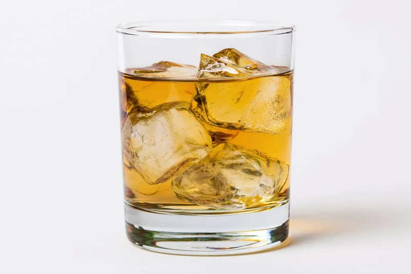 Amber whiskey with ice cubes in a short glass on white background