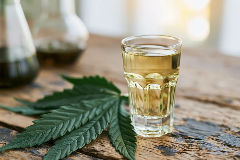 Cannabis leaf and shot glass with golden liquid on wooden table