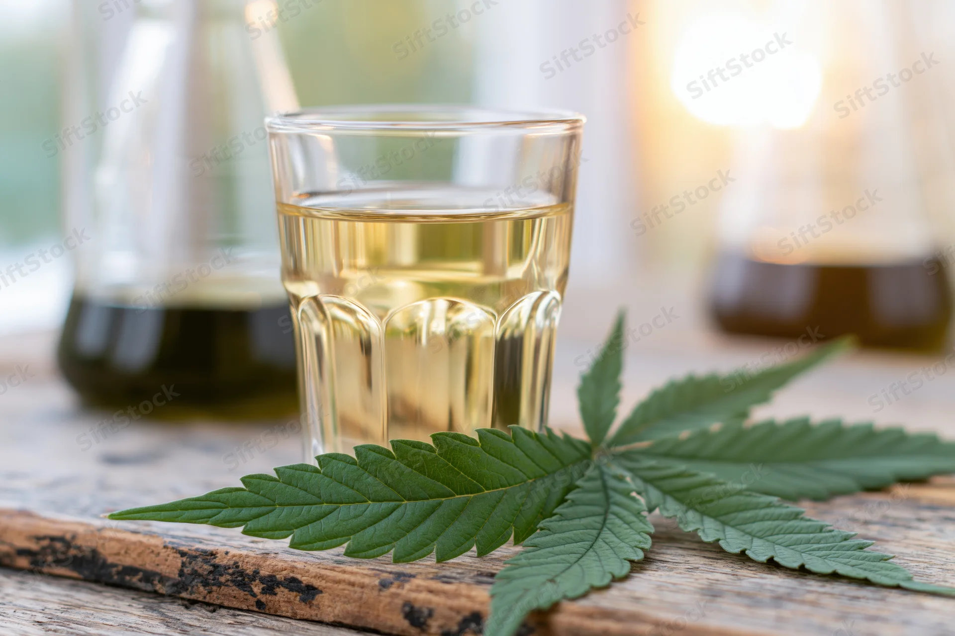 Cannabis leaf resting beside a glass of golden liquid on a wooden surface