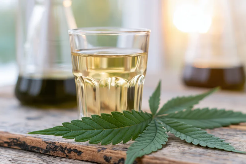 Cannabis leaf resting beside a glass of golden liquid on a wooden surface