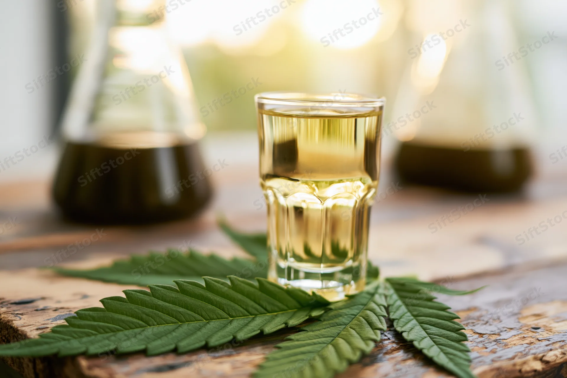 Shot glass with golden liquid on cannabis leaf on wooden table