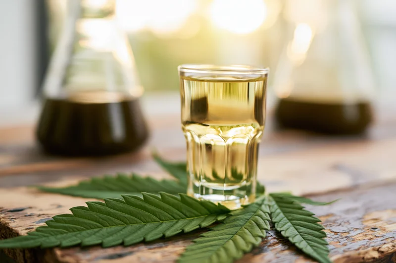 Shot glass with golden liquid on cannabis leaf on wooden table