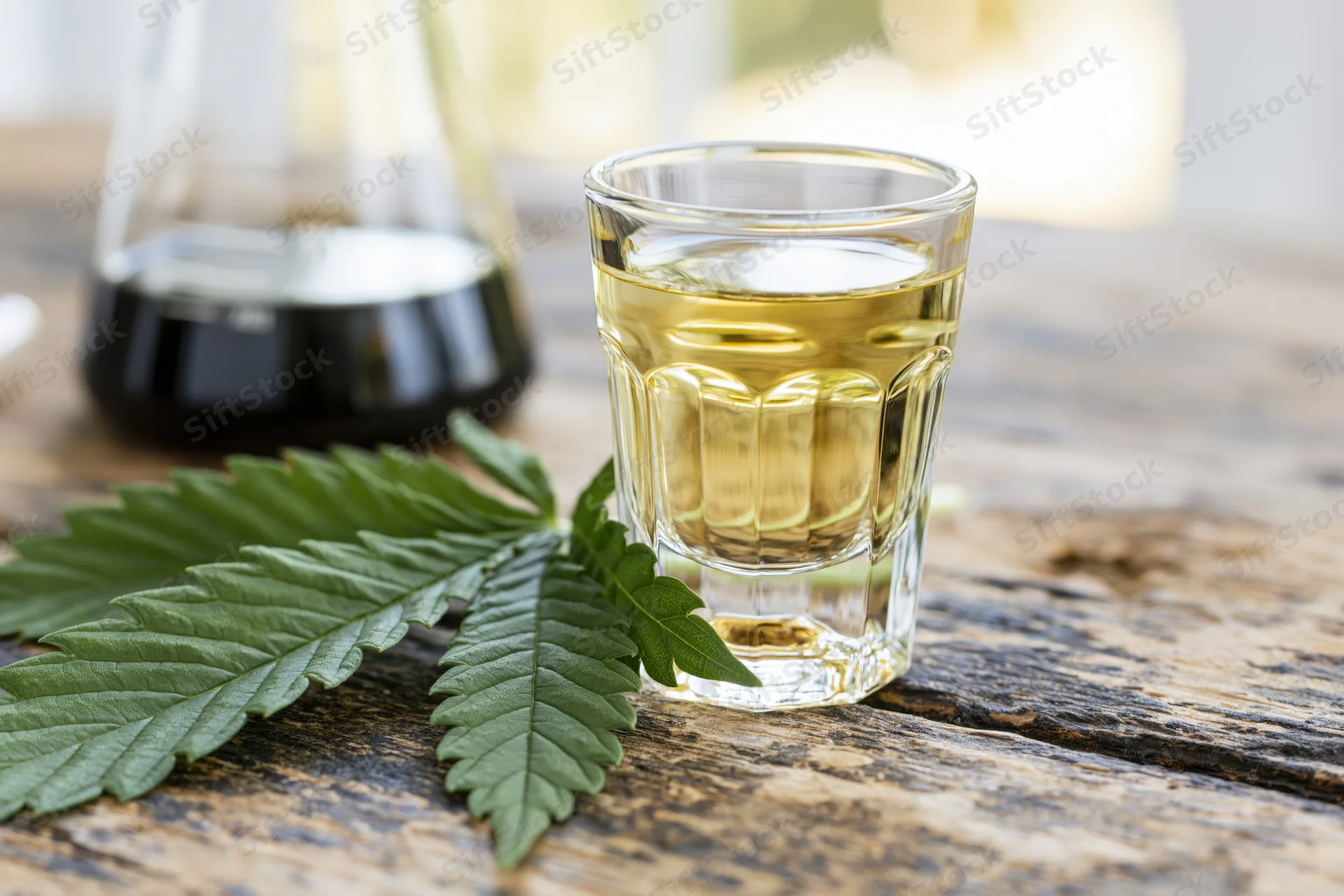 Shot glass with golden liquid and cannabis leaf on rustic wooden table