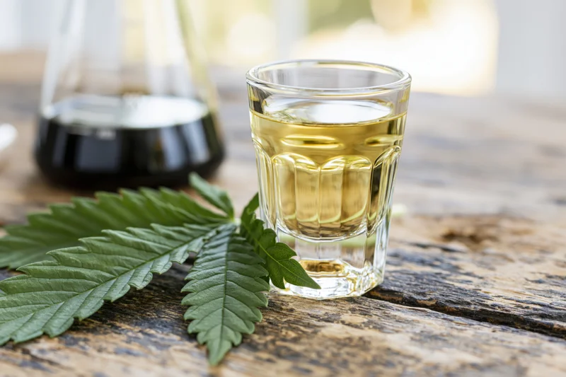 Shot glass with golden liquid and cannabis leaf on rustic wooden table