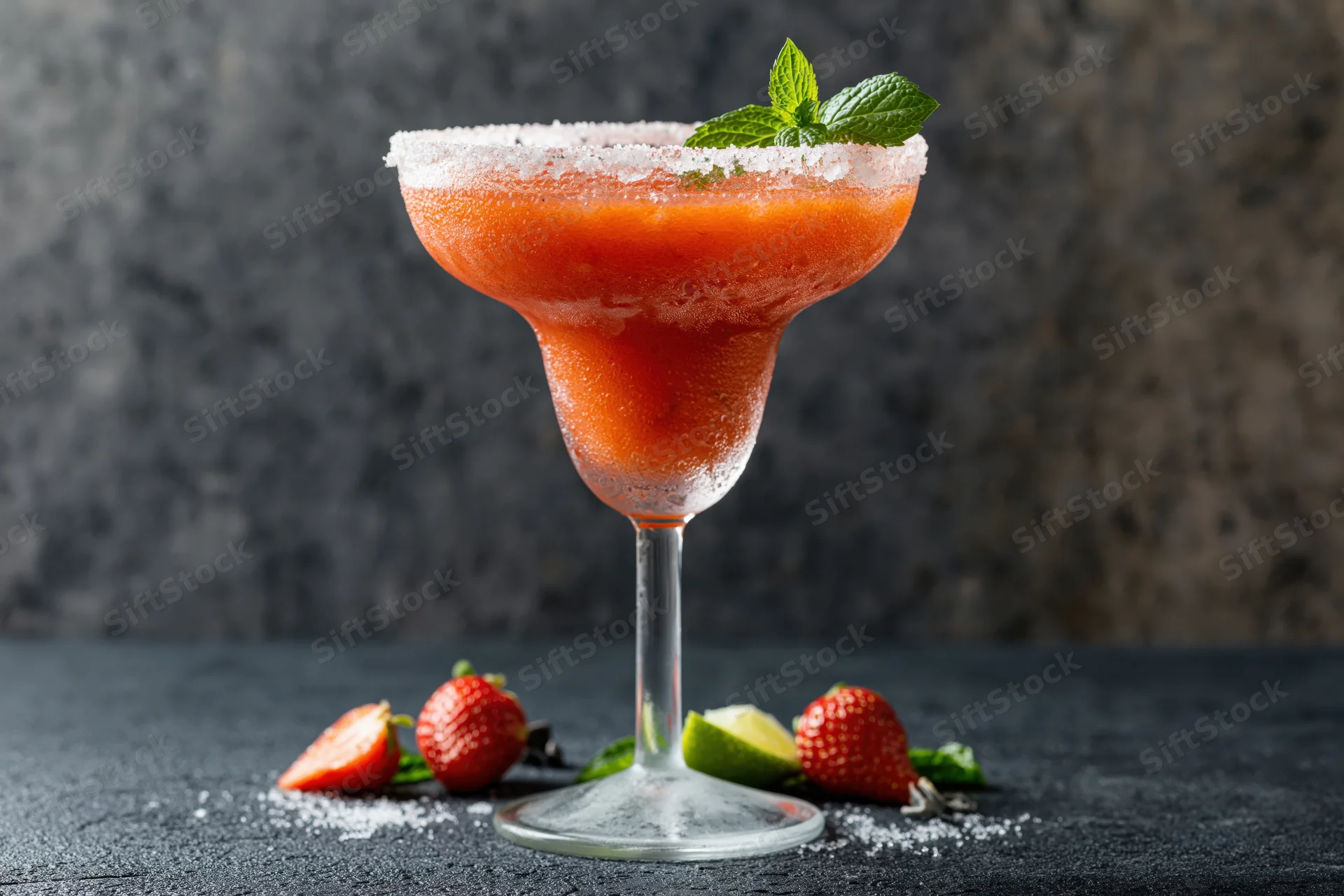 Strawberry margarita in a tall-stemmed glass with sugar rim and mint garnish on dark textured surface