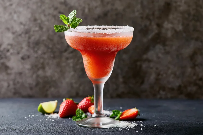 Strawberry margarita in a tall-stemmed glass with sugar rim and mint garnish on dark textured surface