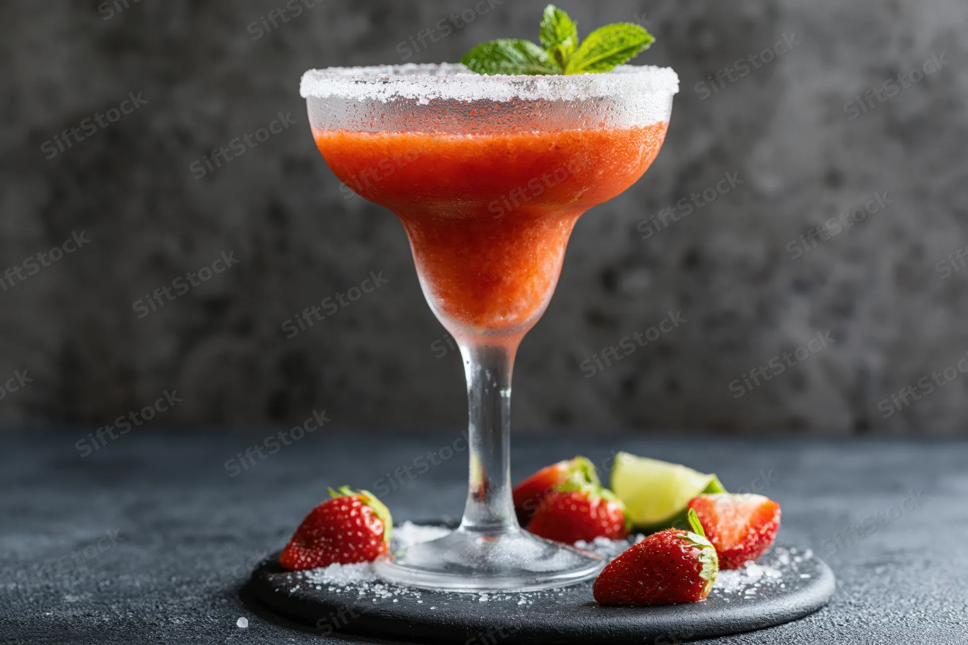 Strawberry margarita in a tall-stemmed glass with sugar rim and mint garnish on a dark textured surface surrounded by strawberries and lime slices