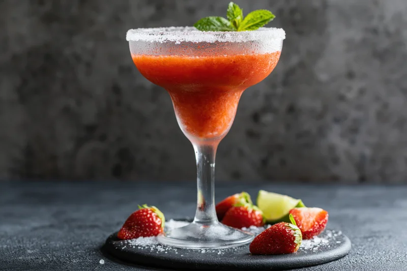 Strawberry margarita in a tall-stemmed glass with sugar rim and mint garnish on a dark textured surface surrounded by strawberries and lime slices