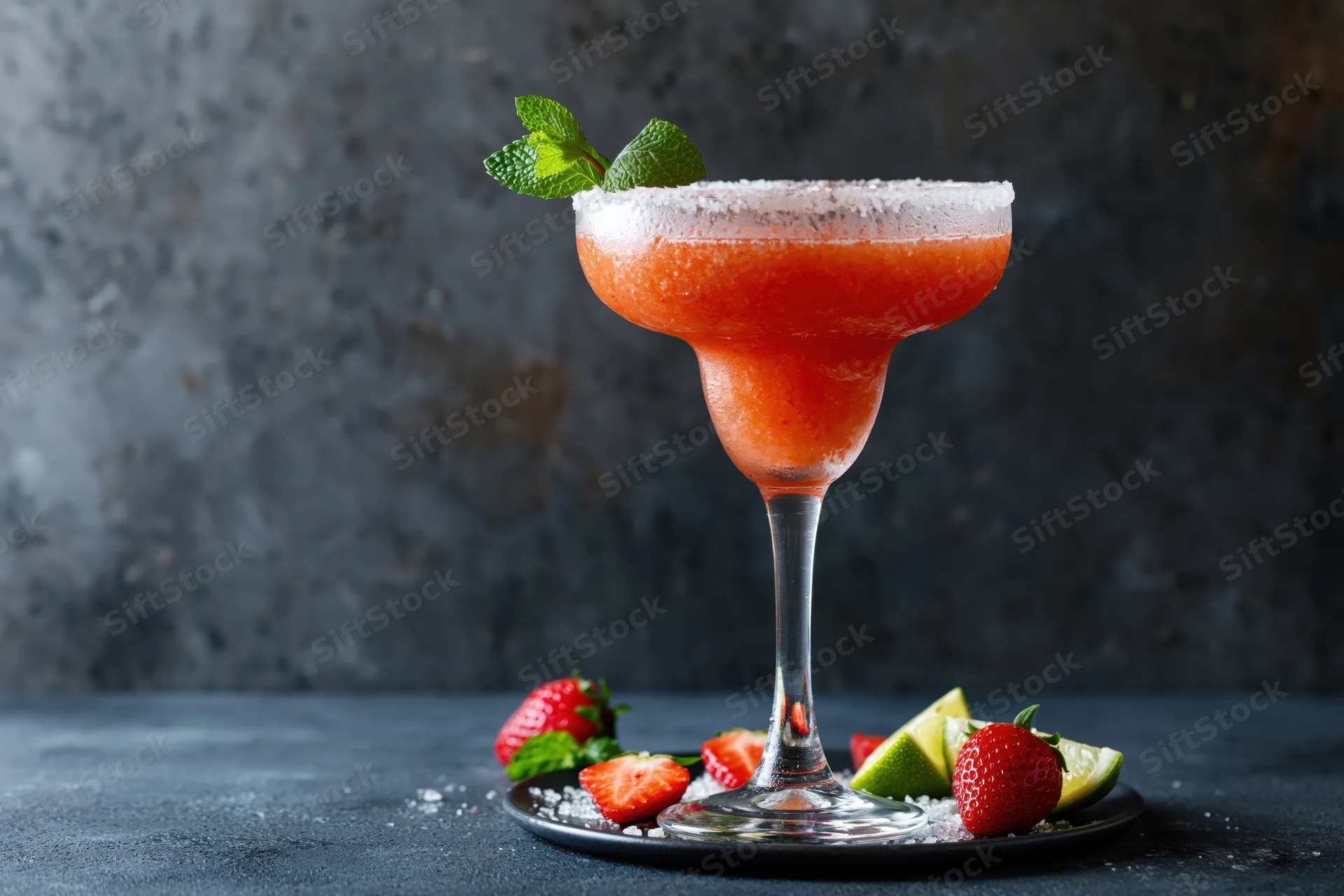 Strawberry margarita in a tall-stemmed glass with salted rim and mint garnish on a dark textured surface surrounded by strawberries and lime slices