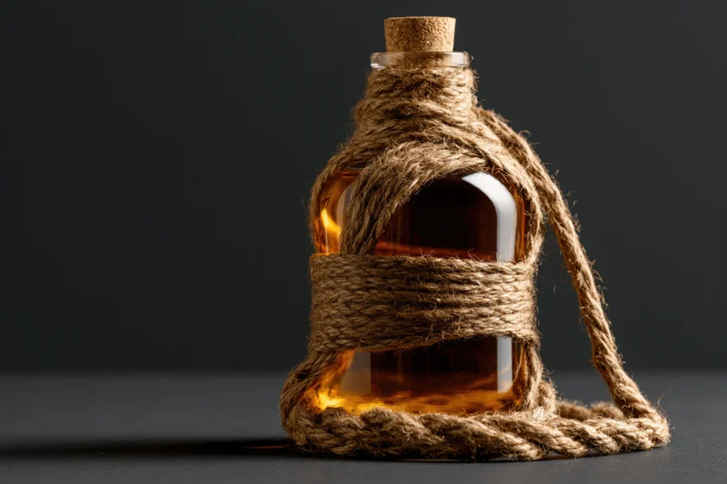 Amber whiskey bottle wrapped in coiled jute rope on dark surface
