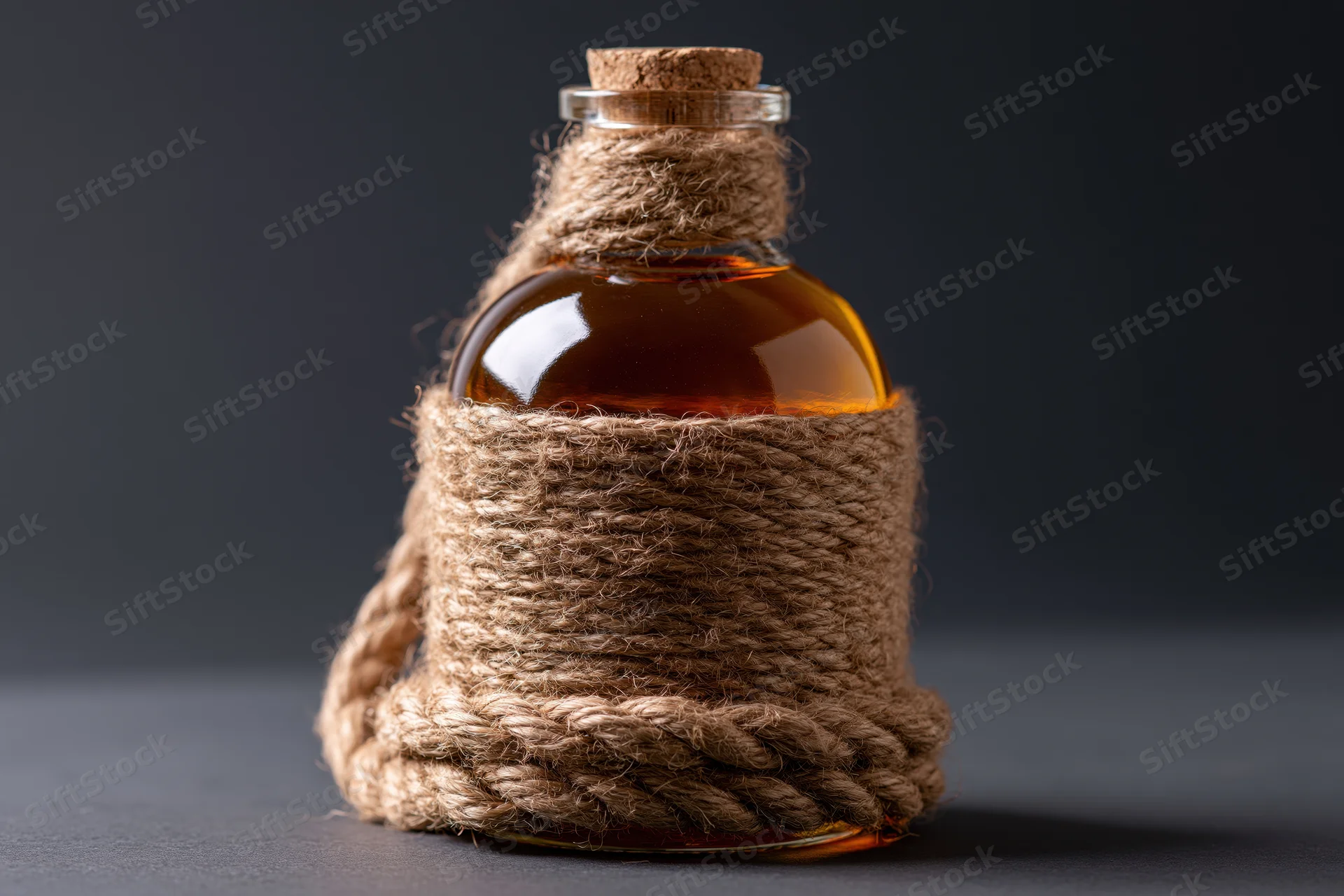 Whiskey bottle wrapped in coiled jute rope on dark surface