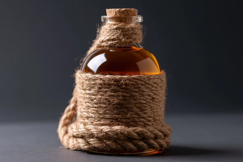 Whiskey bottle wrapped in coiled jute rope on dark surface
