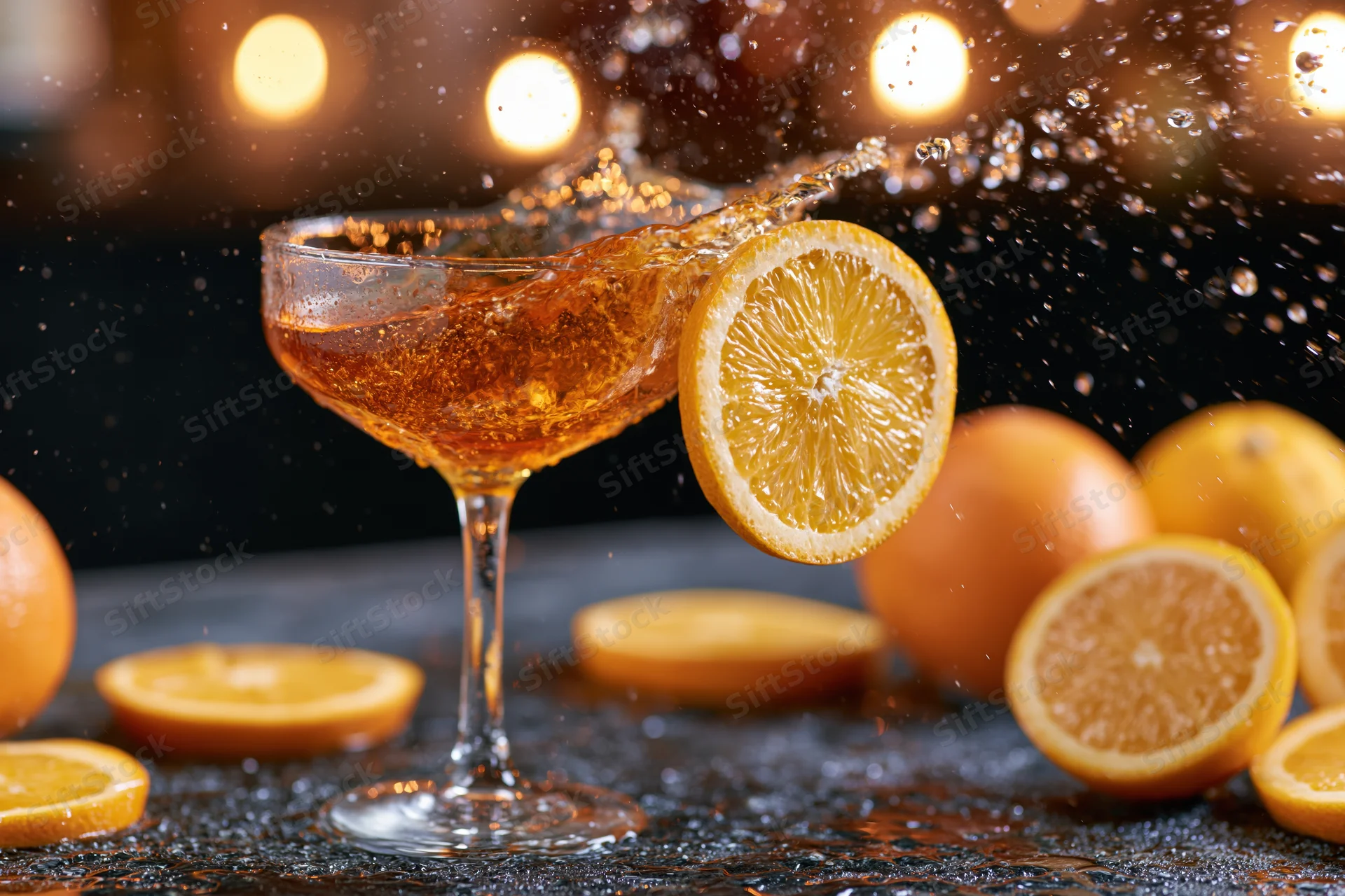 Amber cocktail splashing from coupe glass with orange slice on dark surface