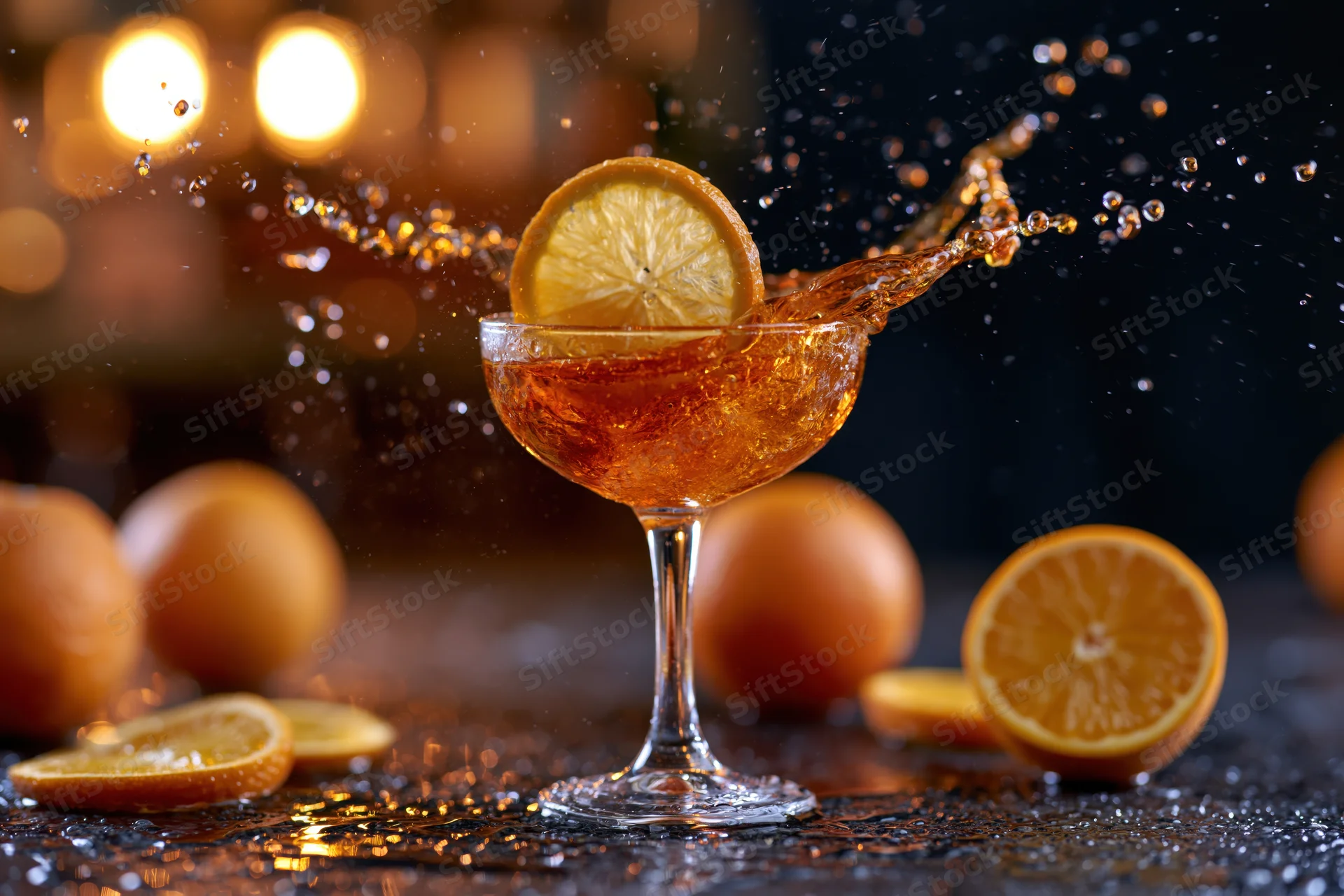 Amber cocktail splashing from coupe glass with orange slice garnish on dark wet surface