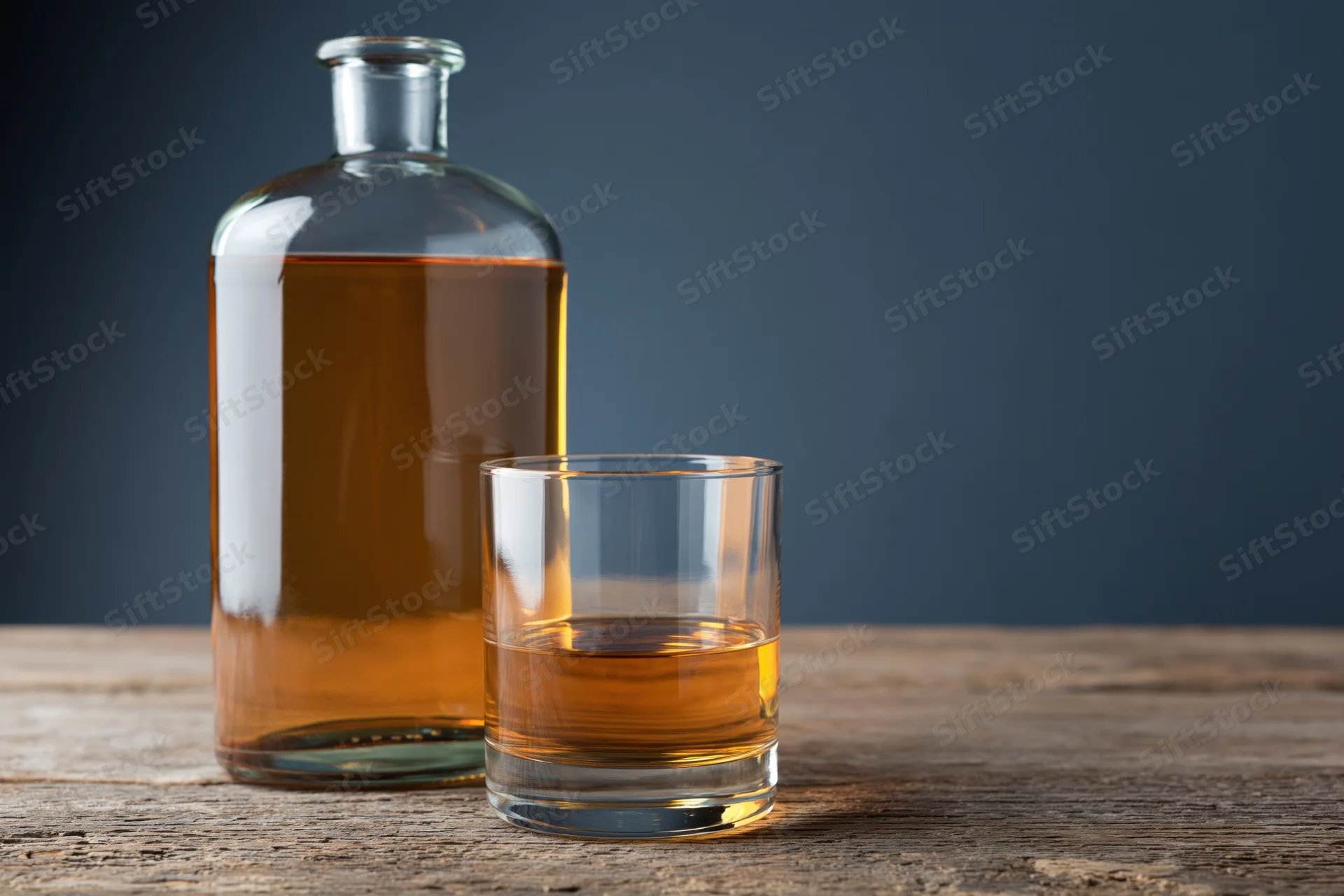 Whiskey bottle and half-full rocks glass on wooden table