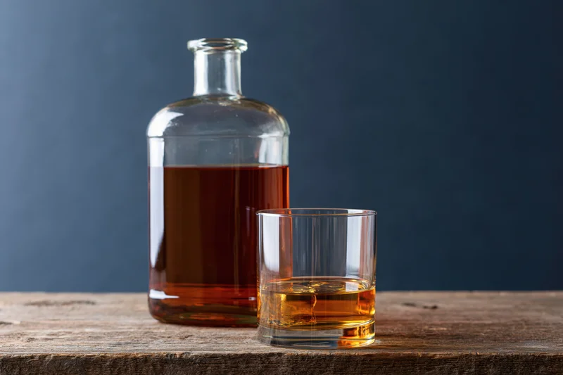 Whiskey bottle and rocks glass half-filled on a wooden table