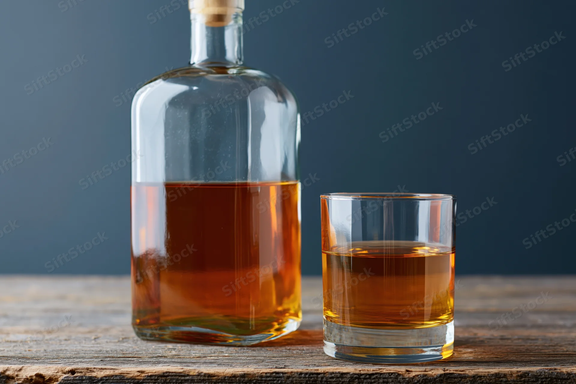 Whiskey bottle and rocks glass half-filled on wooden table