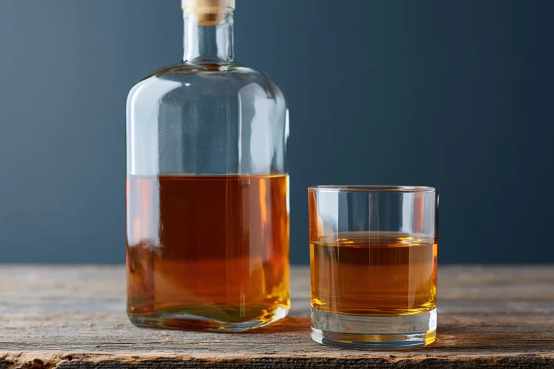 Whiskey bottle and rocks glass half-filled on wooden table