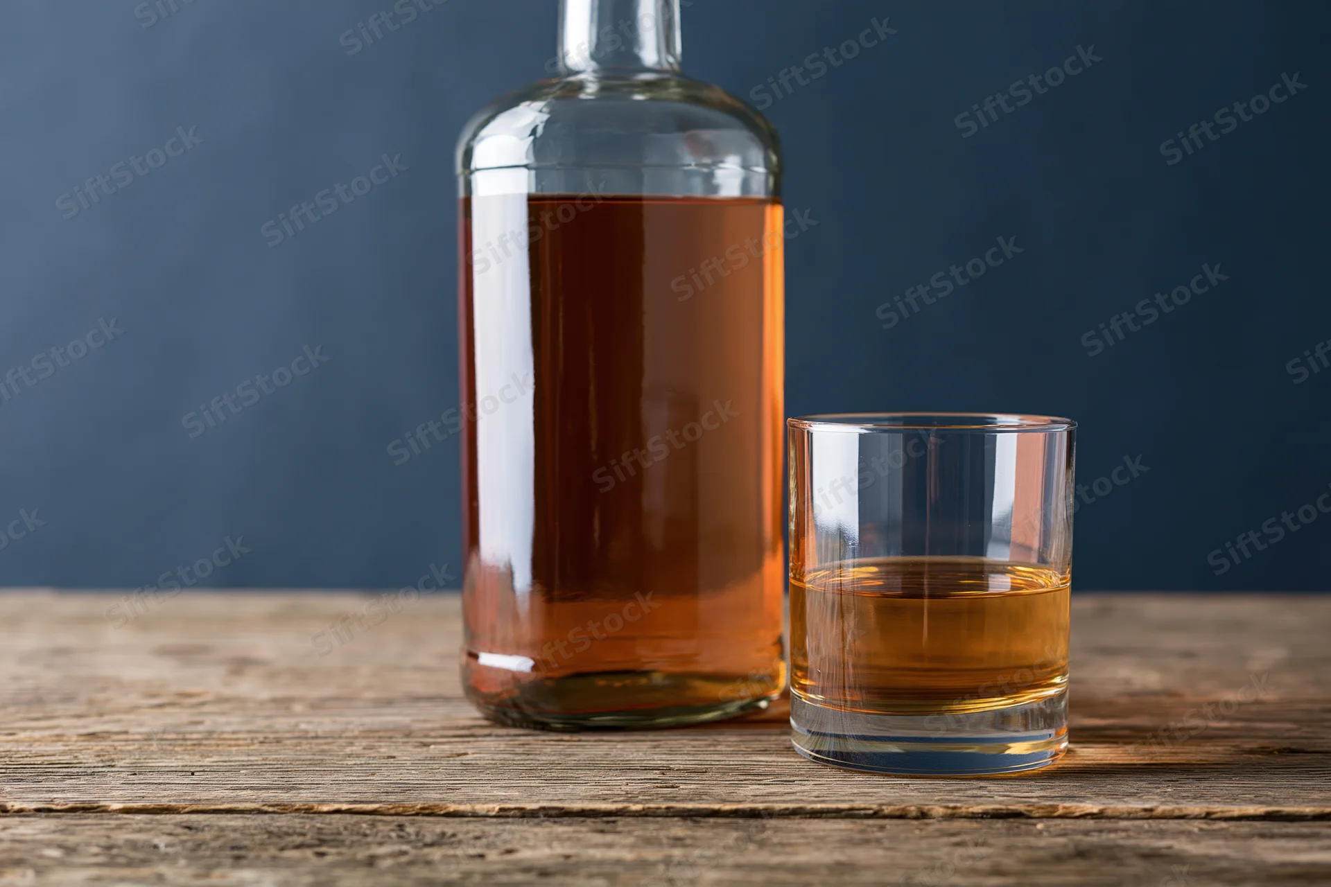 Whiskey bottle and half-full rocks glass on wooden table