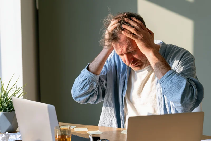 Stressed man holding head at modern wooden desk with laptop and drink