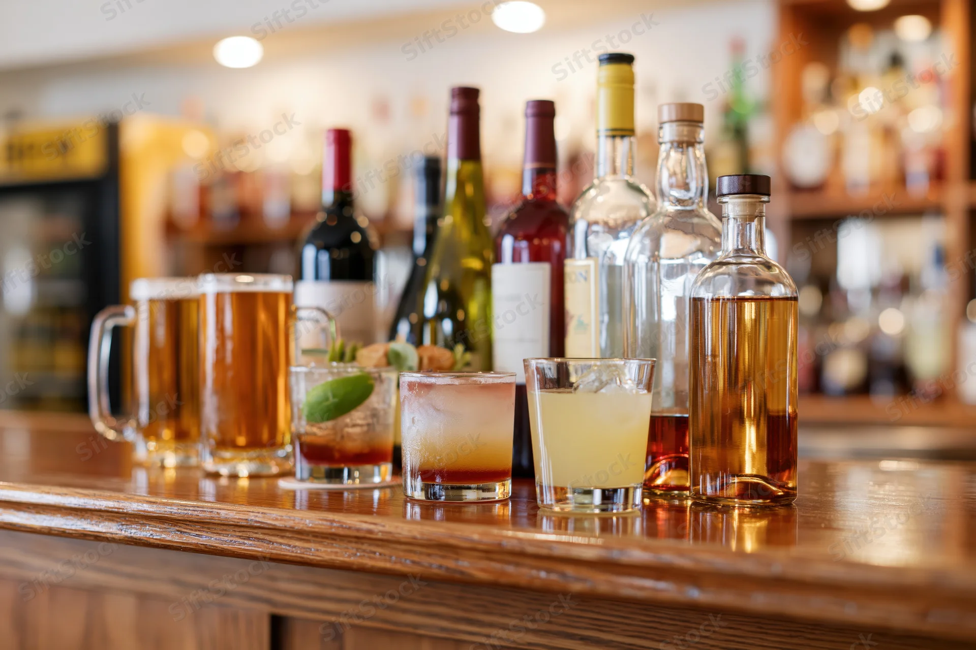 Assorted bar drinks arranged on a polished wooden bar counter