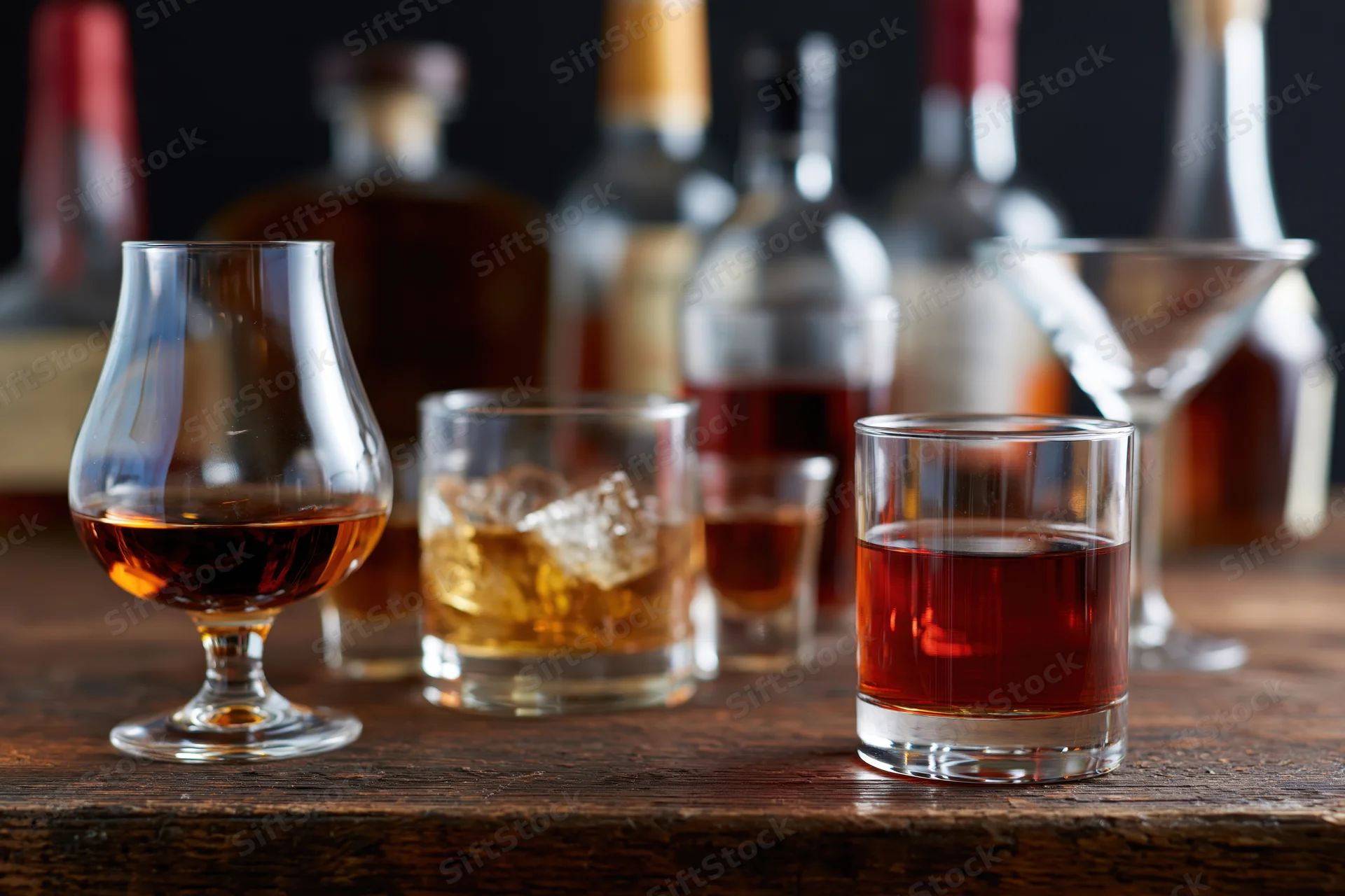 Assorted bar glasses filled with spirits arranged on a wooden table
