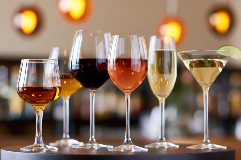 Assorted cocktail and spirit glasses arranged on a dark round table in a dimly lit bar setting