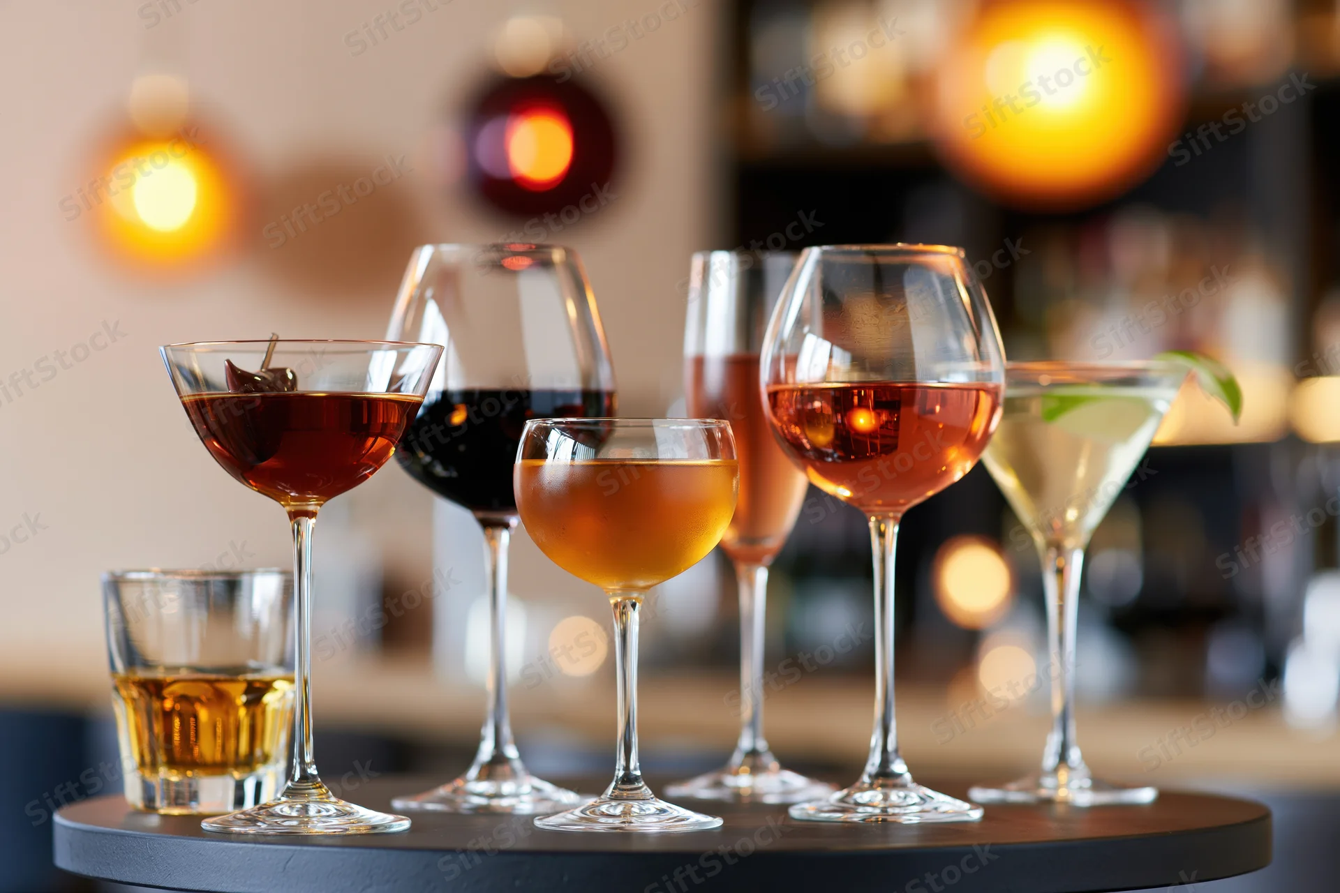 Assorted cocktail and spirit glasses arranged on a dark round table in a bar setting