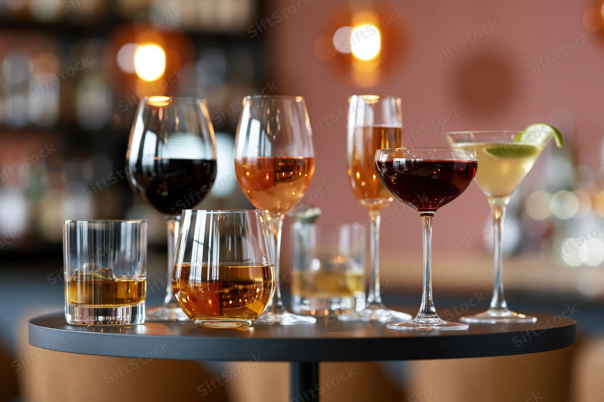 Assorted cocktail and spirit glasses arranged on a dark round table in a dimly lit bar setting