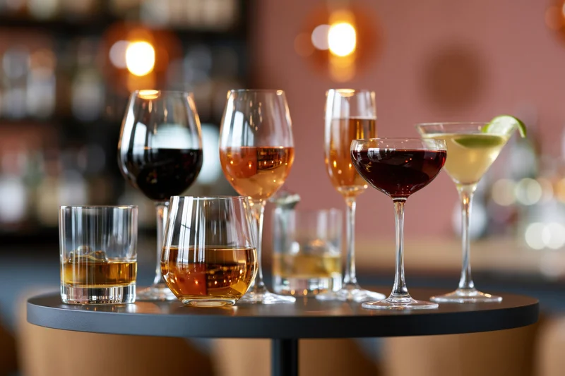 Assorted cocktail and spirit glasses arranged on a dark round table in a dimly lit bar setting