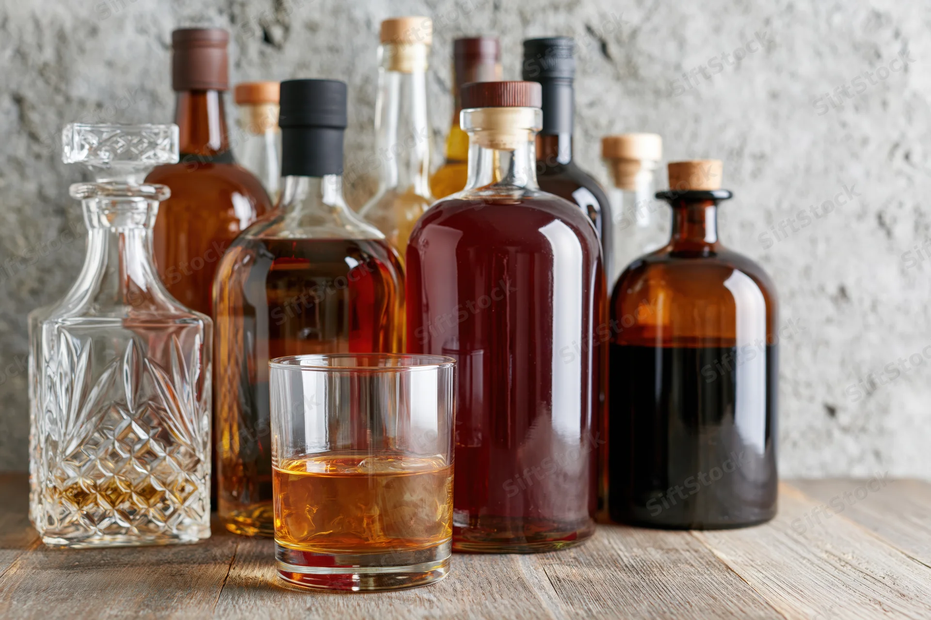Assorted liquor bottles and a crystal decanter arranged on a wooden table with a glass of whiskey and ice