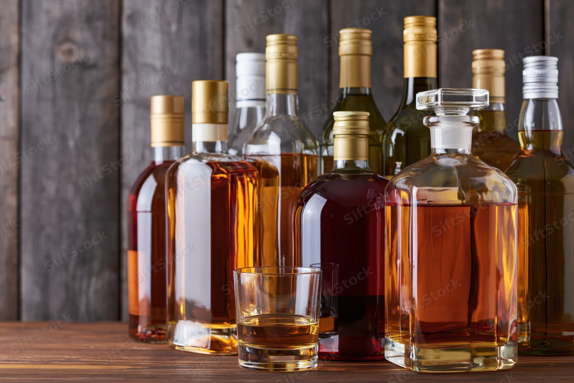 Assorted liquor bottles and a glass decanter arranged on a wooden table with a glass of amber liquid in front