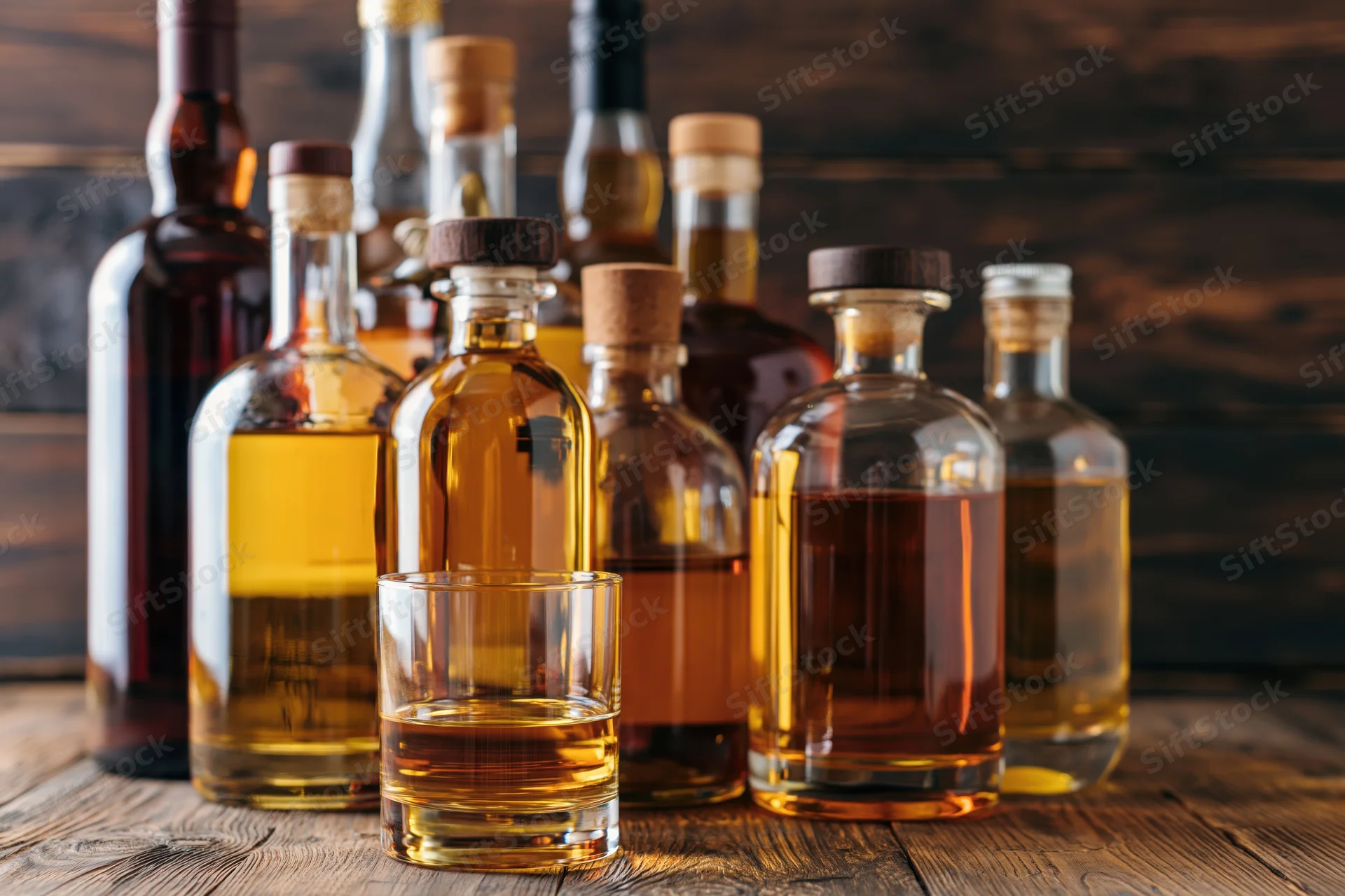 Assorted liquor bottles and a lowball glass of whiskey arranged on a wooden table