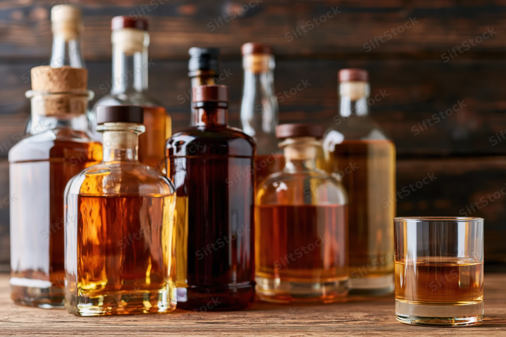 Assorted liquor bottles and a lowball glass of whiskey arranged on a wooden table