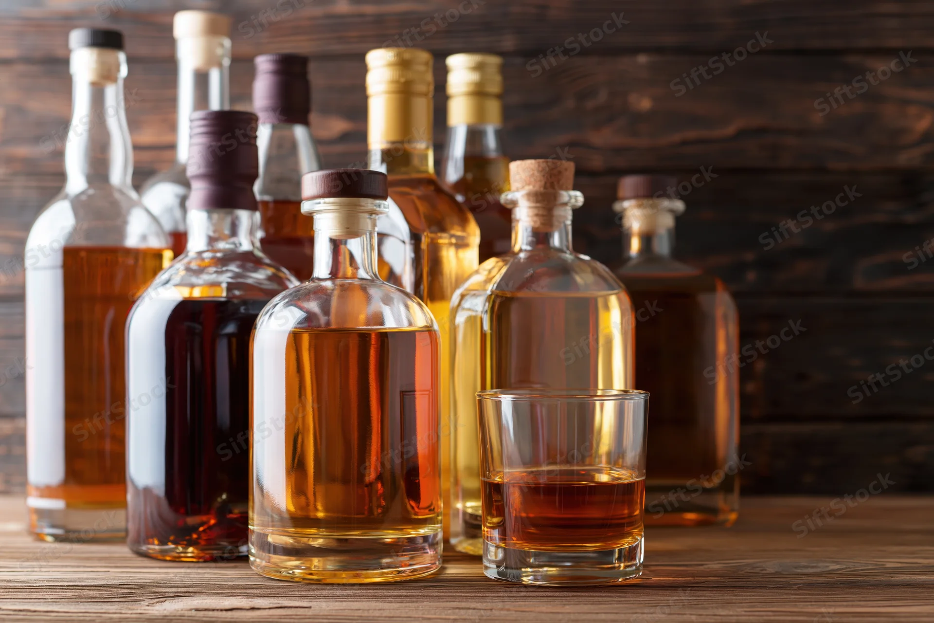 Assorted liquor bottles and a lowball glass of whiskey arranged on a wooden table